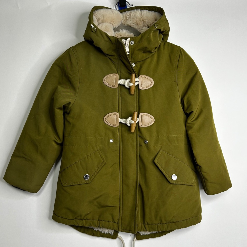OROLAY Kids‎ Olive Green Faux Fur Lined Hooded Toggle Coat Jacket Size 6-7Y